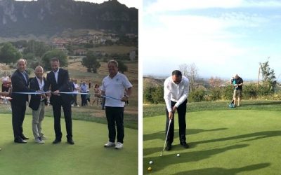 Inaugurato ieri il nuovo Golfdrome di San Marino. Il Segretario di Stato per il Lavoro e lo Sport Teodoro Lonfernini taglia il nastro e dà il via all’attività dell’impianto.